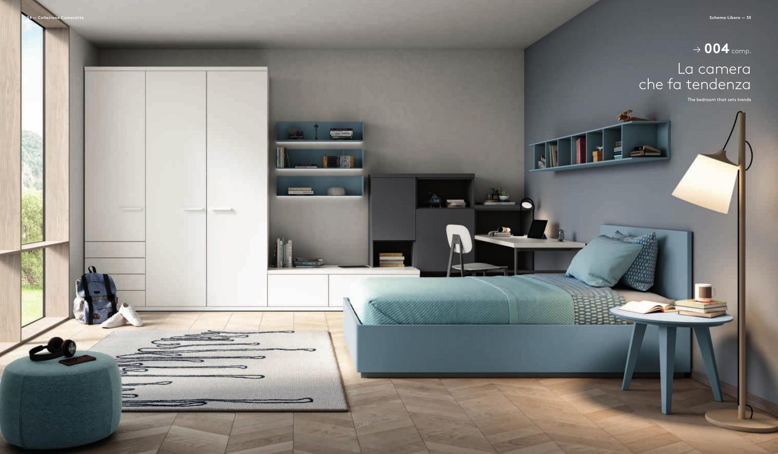 Cameretta con armadio bianco a battenti, letto contenitore blu polvere e libreria a parete sospesa