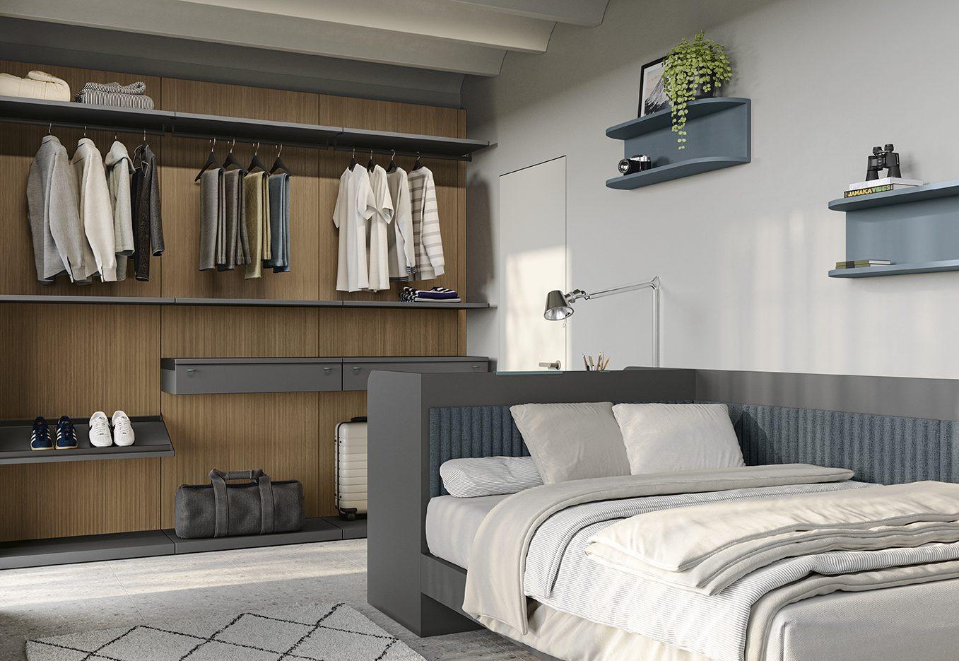 Cabina armadio a vista e letto ad angolo grigio scuro con testiera imbottita che suddivide lo spazio della cameretta, collezione Golf Young's space