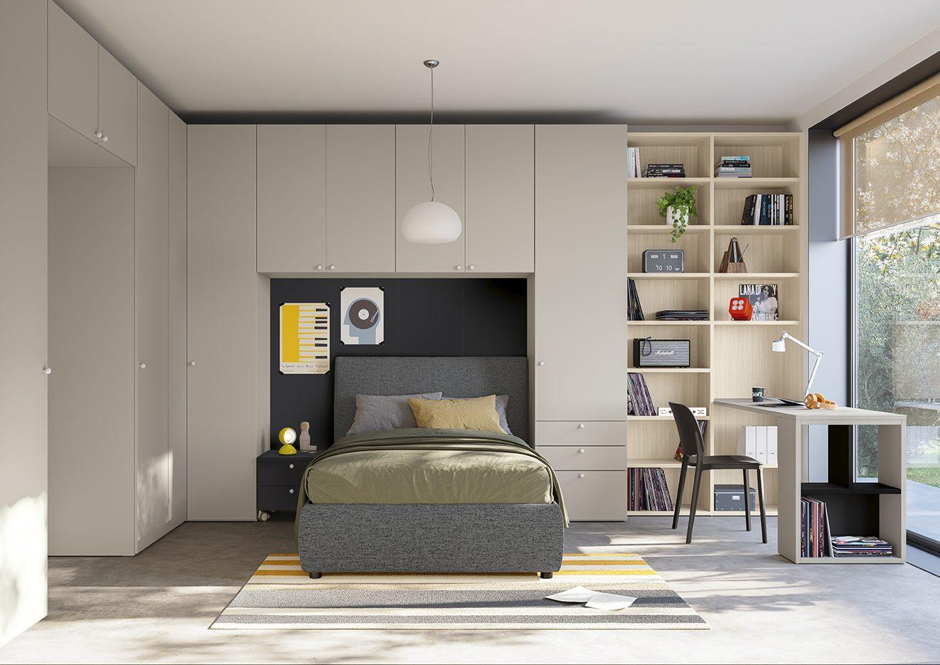 Cameretta con armadiatura a ponte sopra il letto in tortora e nicchia boiserie nera, angolo studio con libreria in rovere per ottimizzare lo spazio, collezione Golf Young's space