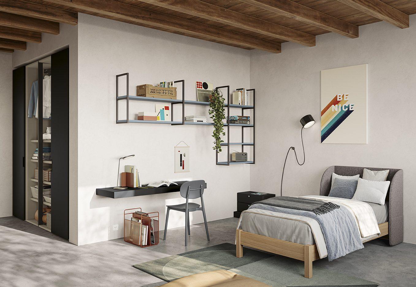 Cameretta in stile industriale con travi a vista, libreria a giorno in metallo nero e armadio scorrevole nero per contenere, letto singolo in rovere naturale, collezione Golf Young's space
