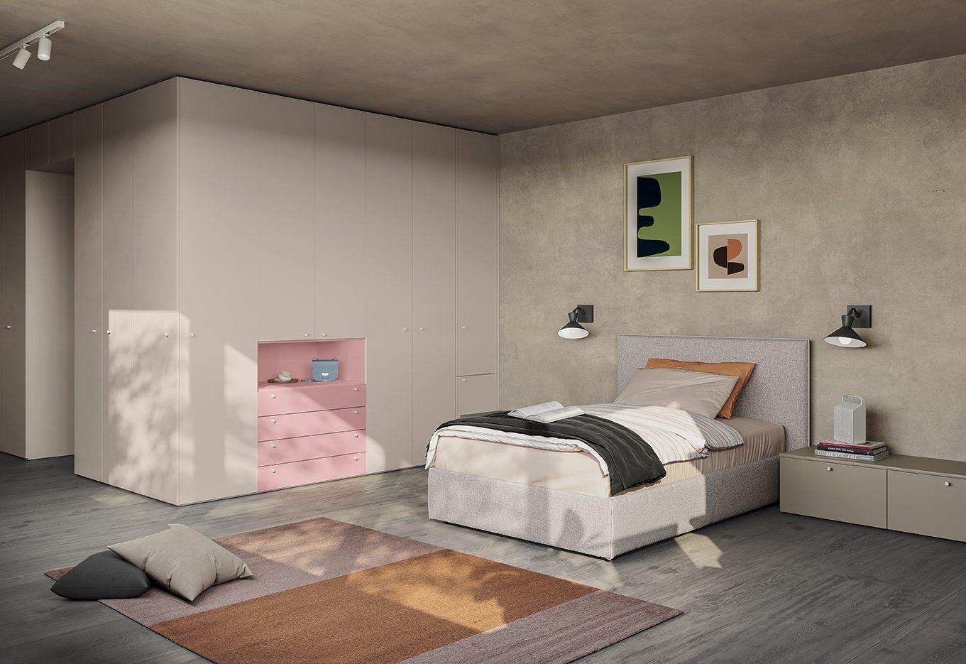 Parete armadio tortora con cassettiera a incasso rosa cipria per contenere, letto matrimoniale imbottito grigio chiaro, collezione Golf Young's space