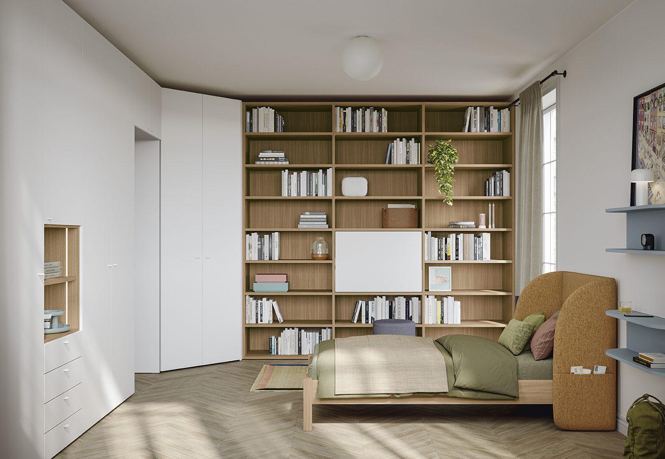 Libreria d'angolo in rovere naturale e armadio bianco con vano a giorno per contenere, letto in rovere con testiera avvolgente in sughero, collezione Golf Young's space
