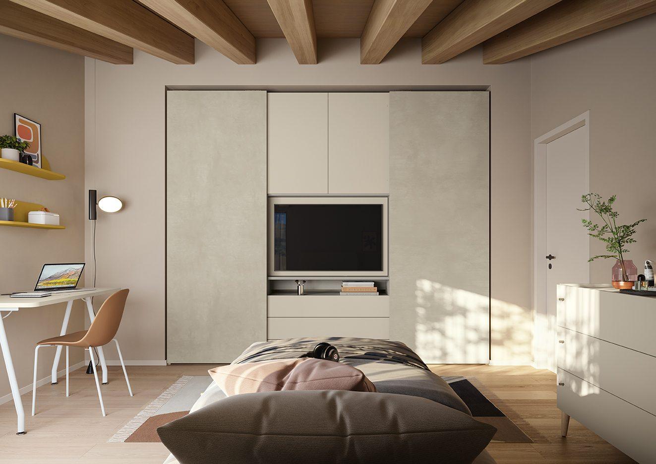 Parete armadio beige con porta TV a incasso per contenere, scrivania e comò abbinato, letto basso con biancheria a righe, collezione Golf Young's space