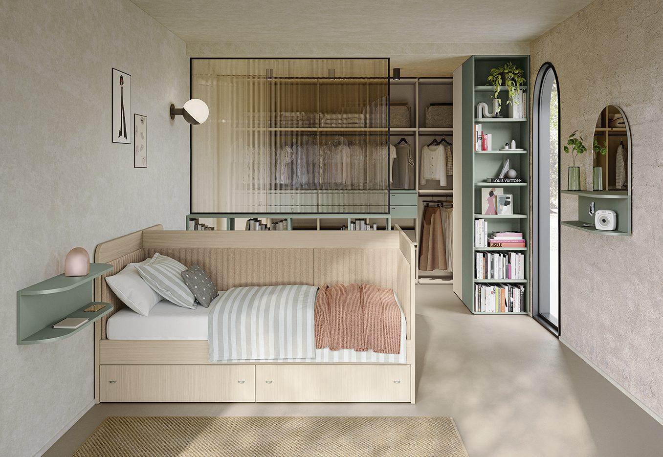 Parete divisoria in vetro decorato tra letto contenitore in rovere chiaro e cabina armadio, libreria a colonna verde salvia per studiare, collezione Golf Young's space