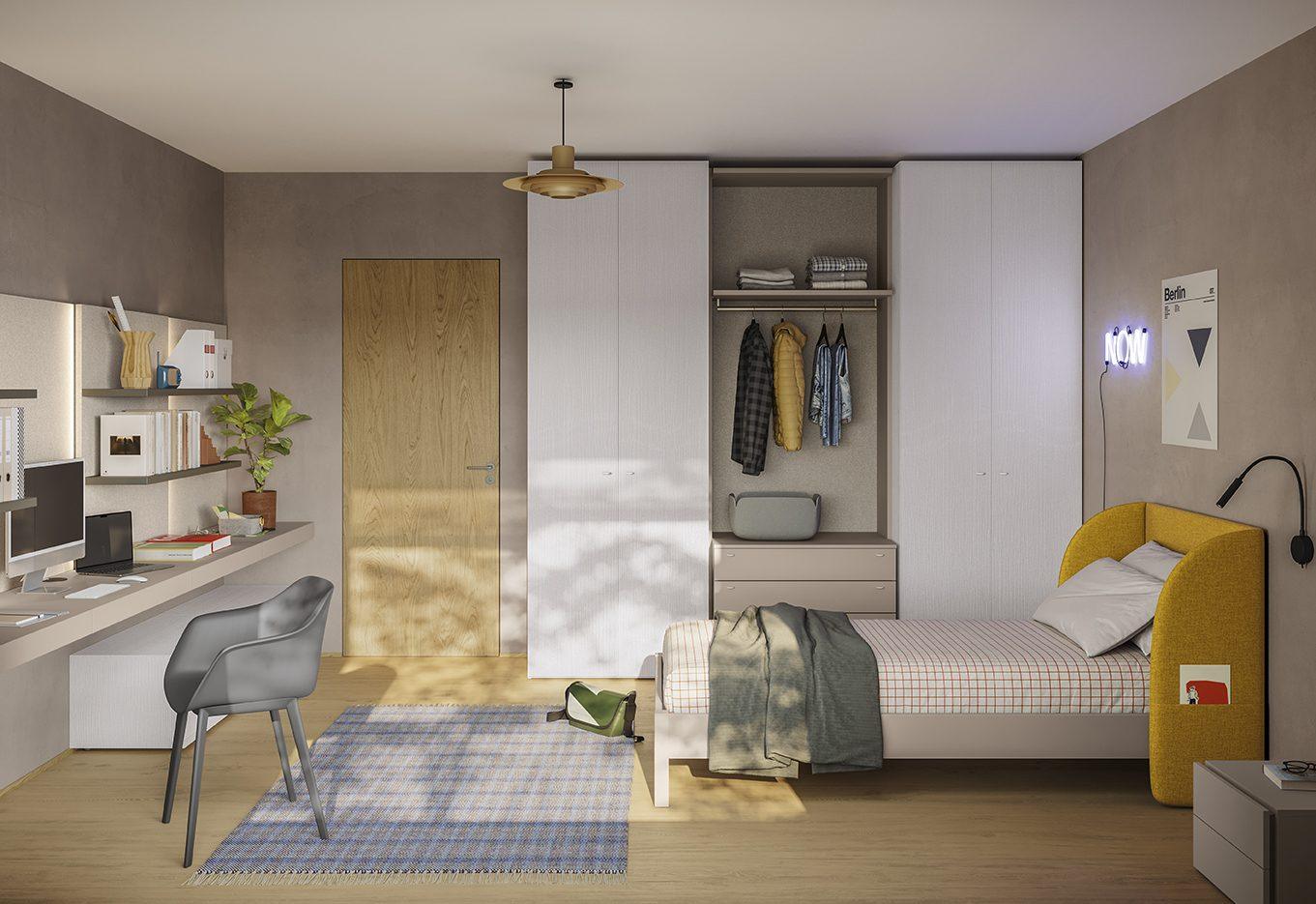 Postazione studio a parete con scrivania, armadio bianco con vano a giorno per abiti appesi e cassettiera tortora, letto singolo con testiera gialla senape, collezione Golf Young's space