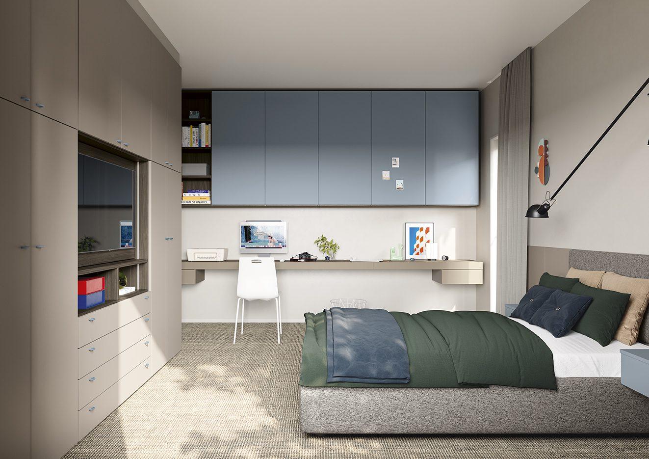 Postazione studio a parete sotto pensili azzurro polvere, armadio guardaroba tortora, letto matrimoniale grigio con biancheria verde e blu, collezione Golf Young's space