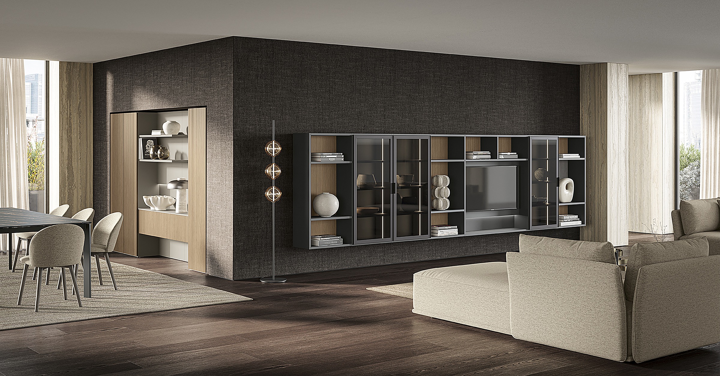 Soggiorno di design con parete attrezzata boiserie e vetrine a giorno, divano beige e vista sulla città