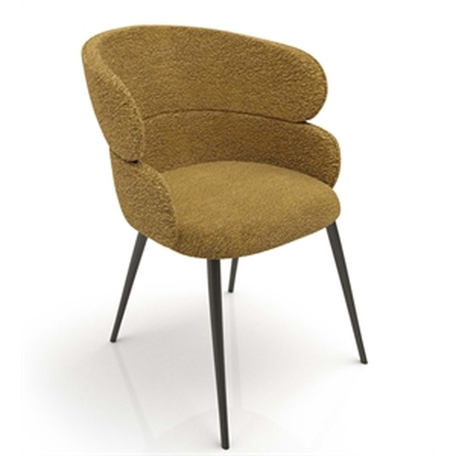 Poltroncina in bouclé senape con gambe sottili in metallo scuro