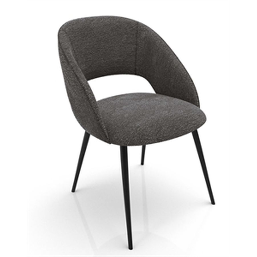 Poltroncina imbottita grigia con schienale a cerchio e gambe in metallo nero