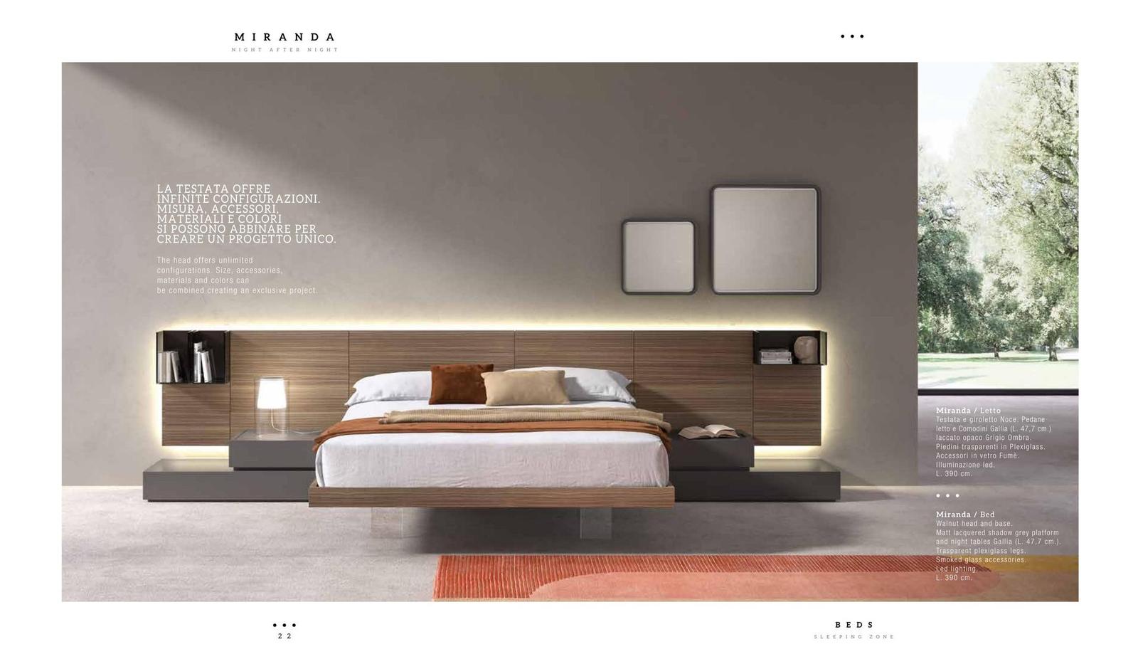 Camera da letto con testata in legno di noce, letto sospeso e comodini laccati grigio ombra